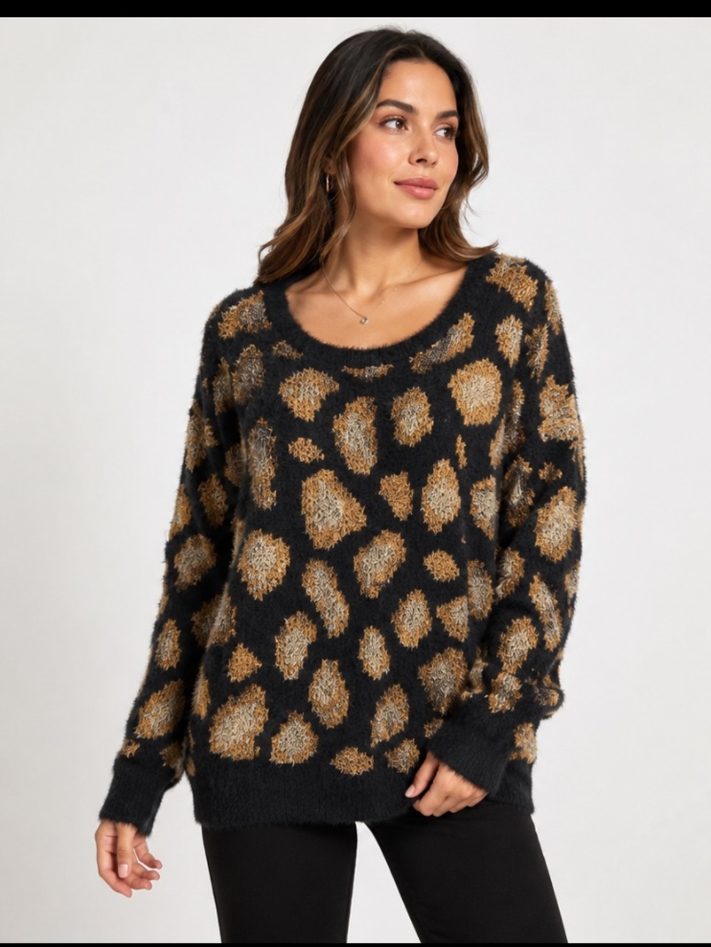 Michael kors black and tan gold fuzzy sweater size  L  cheeta jacquard mob wife